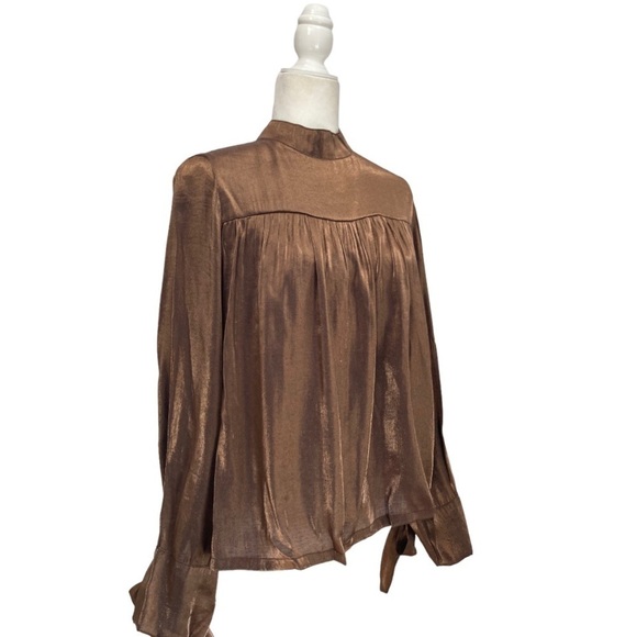 Allison New York Metallic Chiffon Smocked Long Tie bow Sleeve Blouse in Copper - Picture 2 of 9